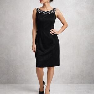 Connected Apparel Black Rhinestone Neckline Sheath Sleeveless Midi Dress Sz 6